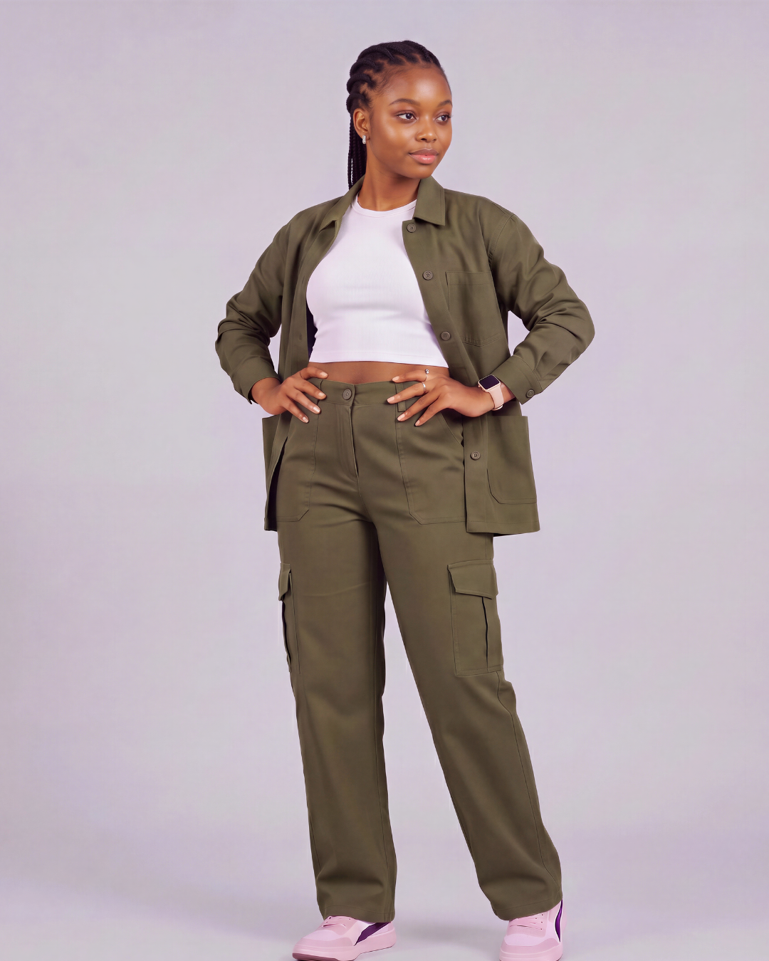 Girls' Relaxed Cargo Pants + Snap-Button Overshirt Set