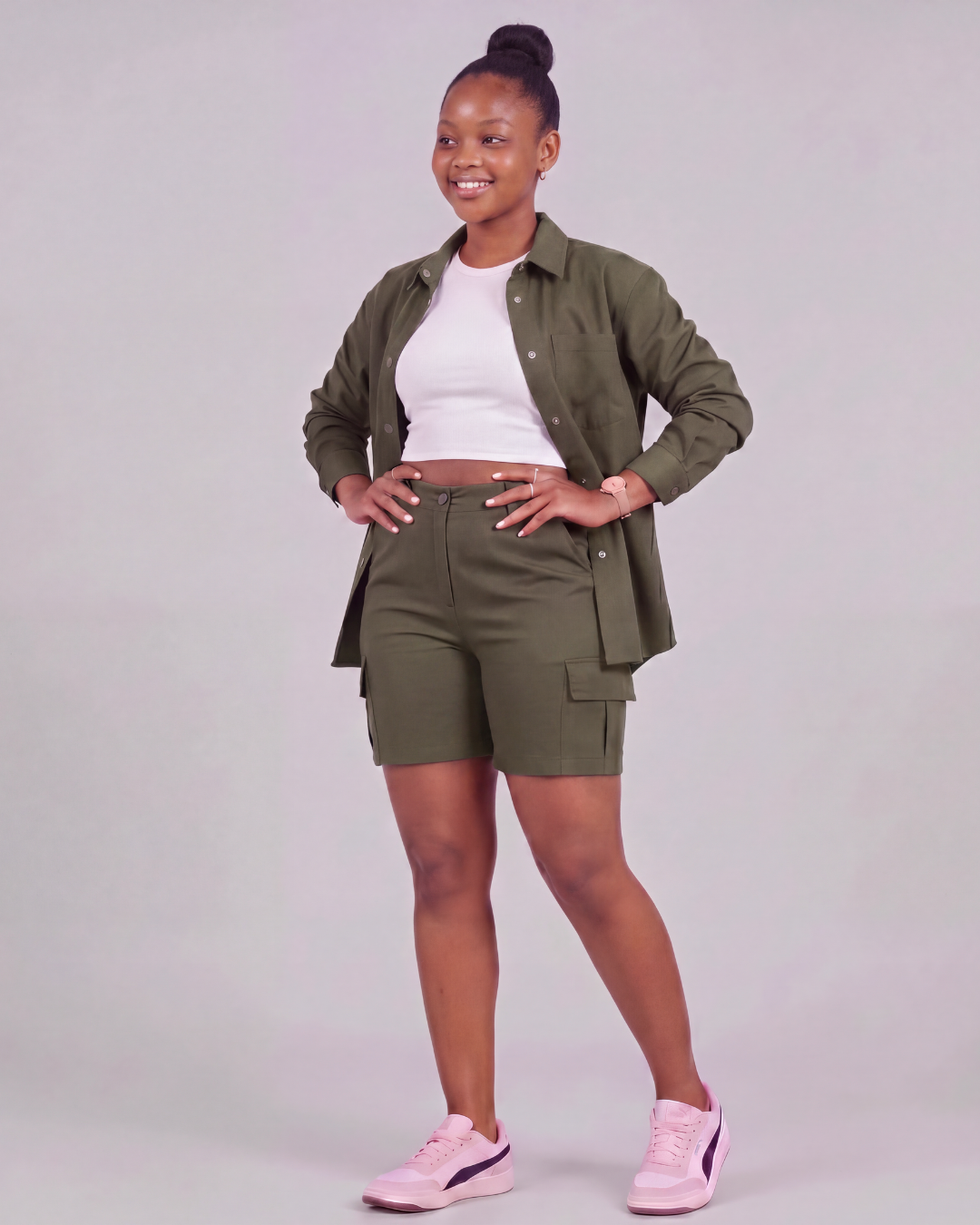 Girls' Relaxed Cargo Shorts + Snap-Button Overshirt Set