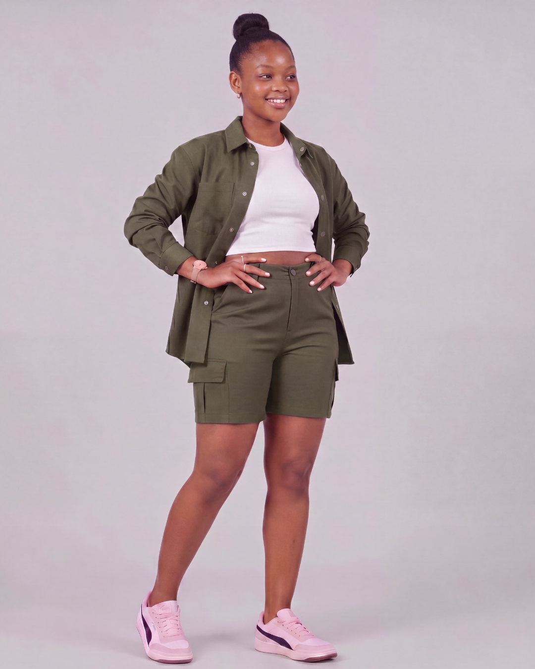 Girls' Relaxed Cargo Shorts + Snap-Button Overshirt Set