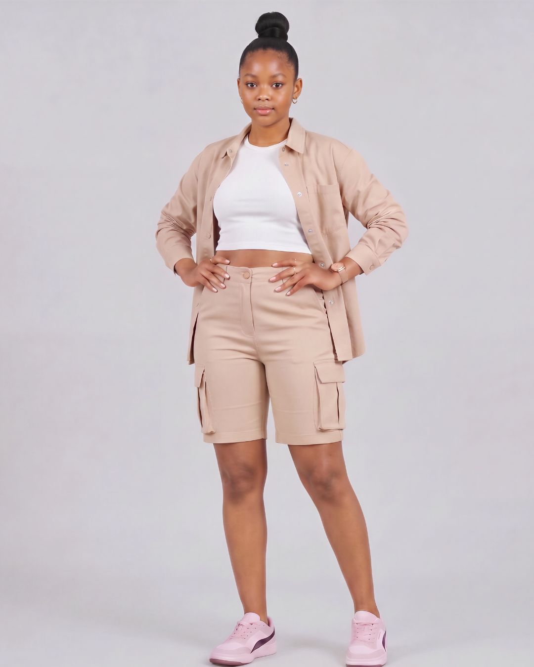 Girls' Relaxed Cargo Shorts + Snap-Button Overshirt Set