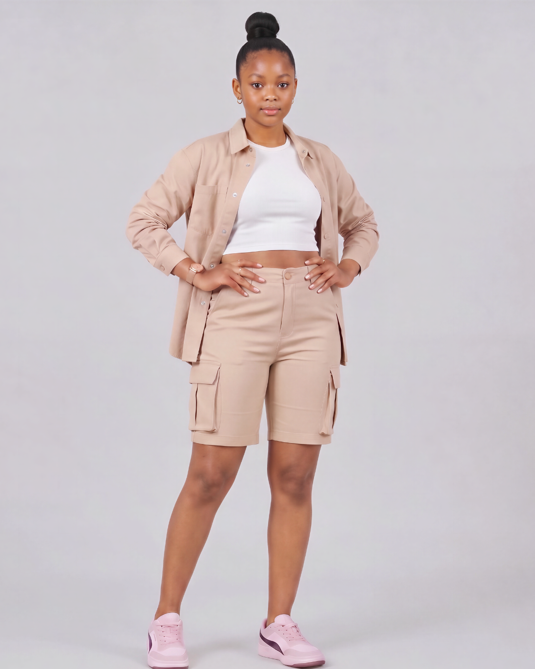 Girls' Relaxed Cargo Shorts + Snap-Button Overshirt Set