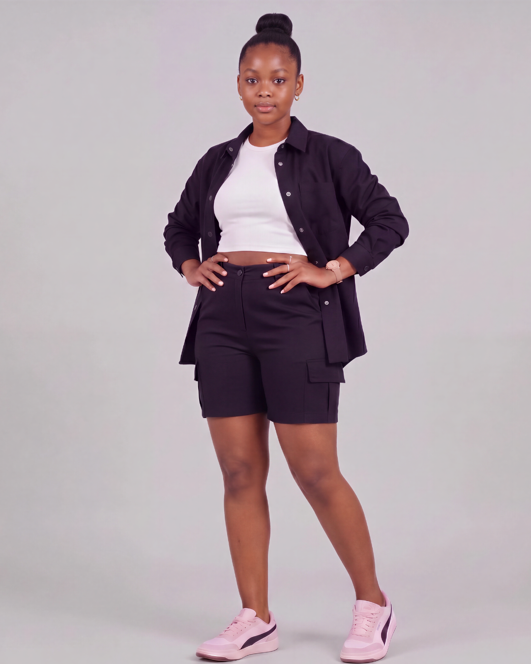 Girls' Relaxed Cargo Shorts + Snap-Button Overshirt Set