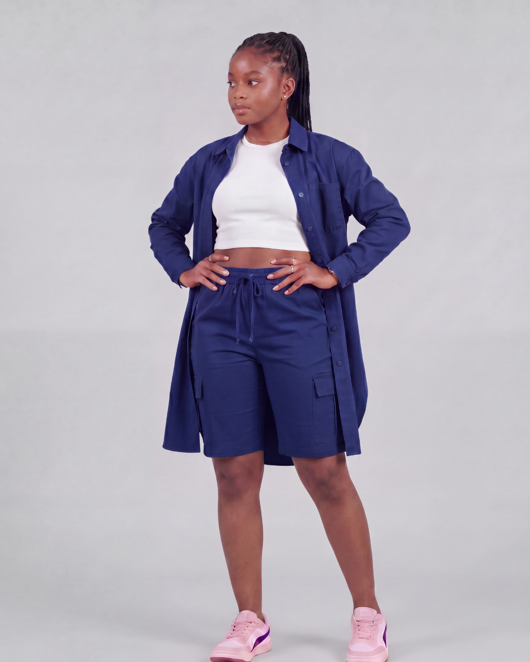 Girls' Tapered Cargo Shorts + Long-Line Overshirt Set