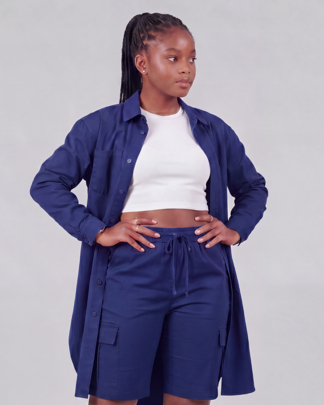 Girls' Tapered Cargo Shorts + Long-Line Overshirt Set