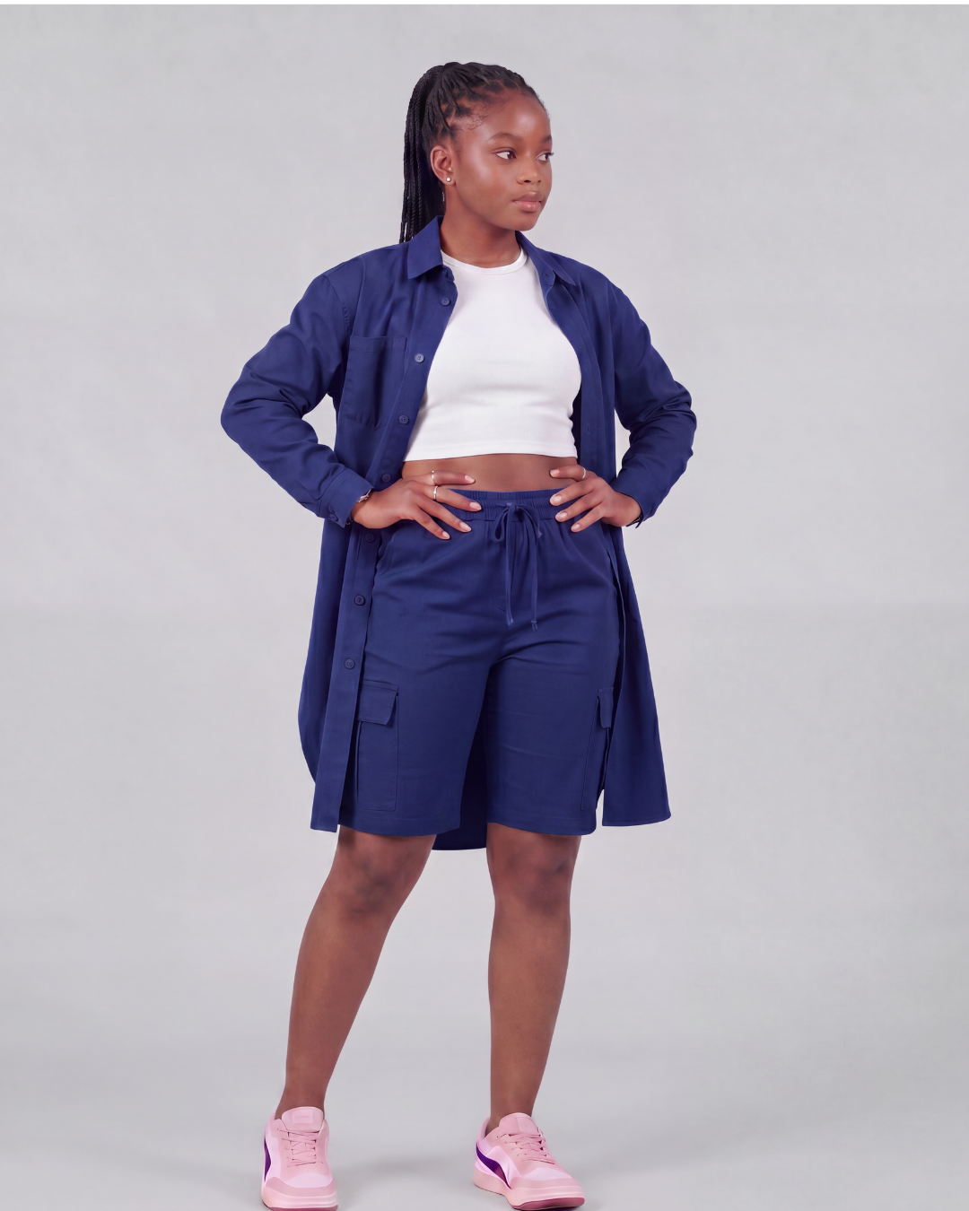 Girls' Tapered Cargo Shorts + Long-Line Overshirt Set