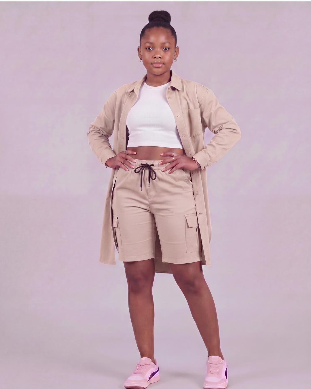 Girls' Tapered Cargo Shorts + Long-Line Overshirt Set