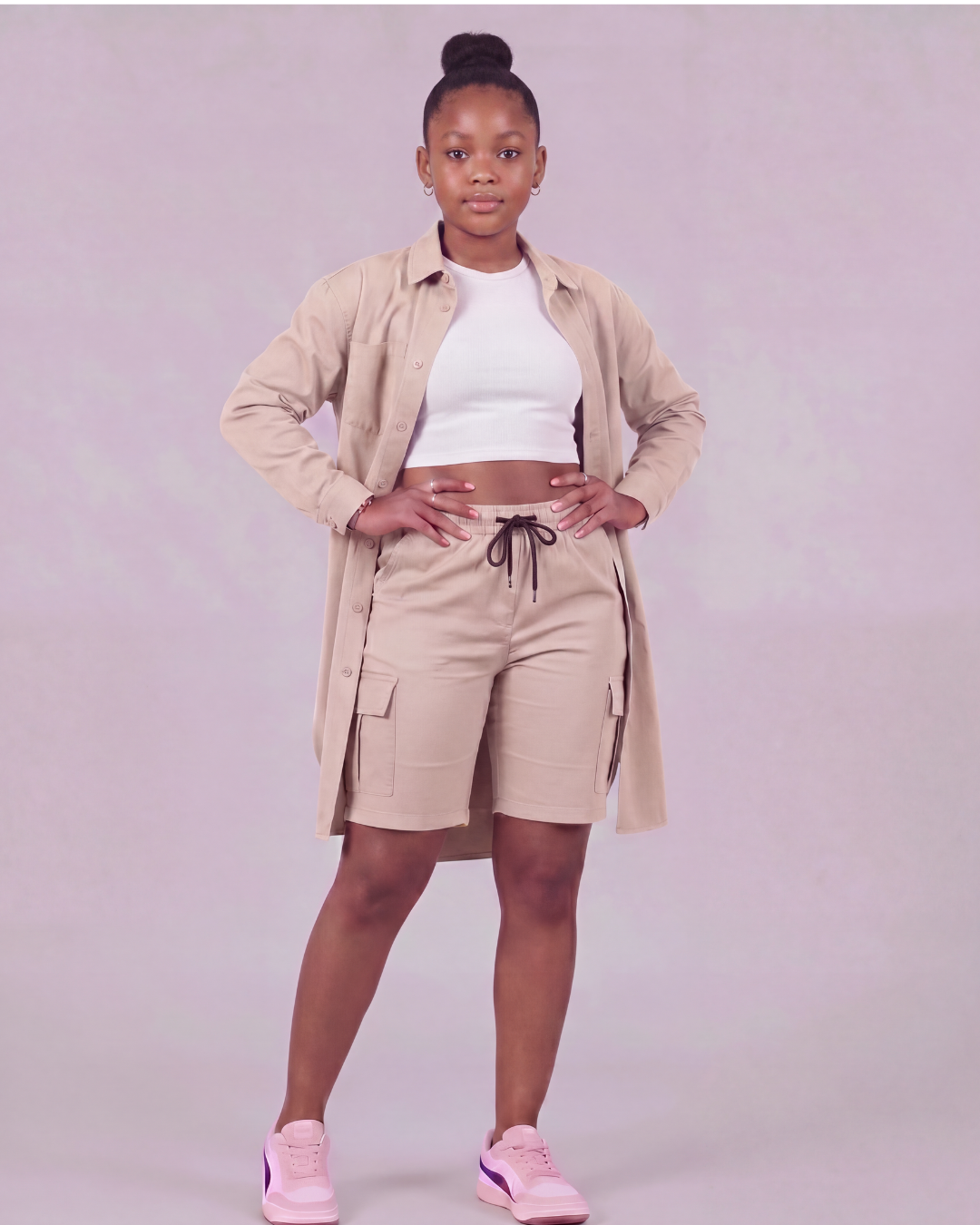 Girls' Tapered Cargo Shorts + Long-Line Overshirt Set