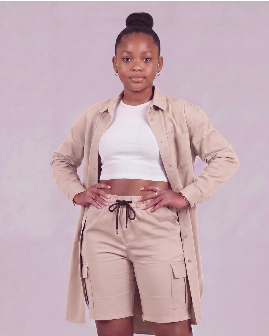 Girls' Tapered Cargo Shorts + Long-Line Overshirt Set