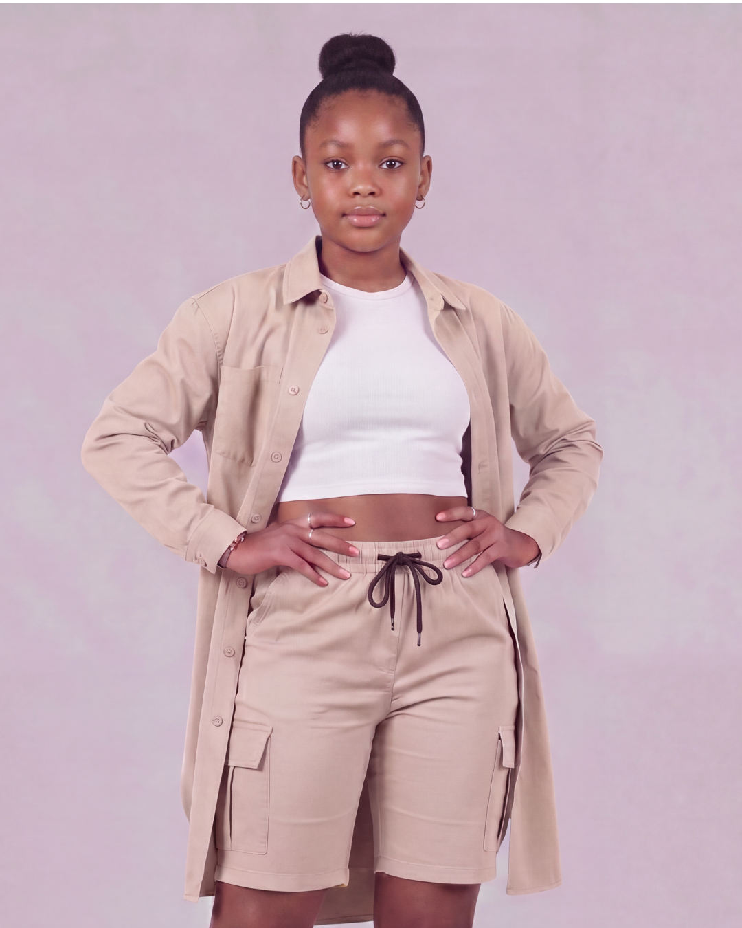 Girls' Tapered Cargo Shorts + Long-Line Overshirt Set