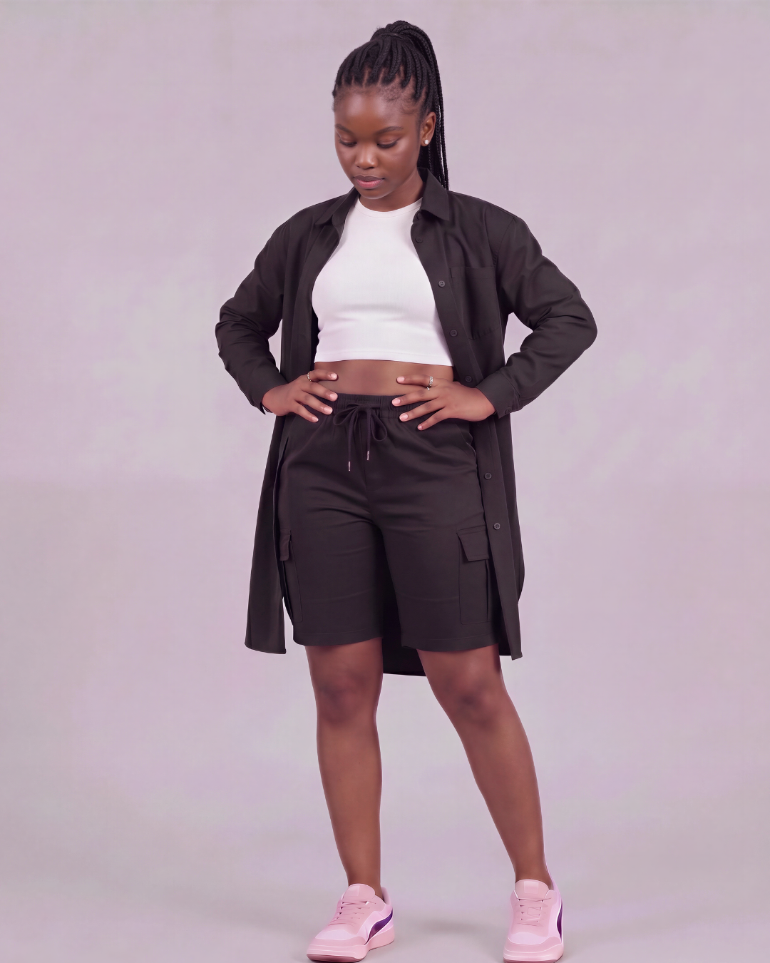 Girls' Tapered Cargo Shorts + Long-Line Overshirt Set
