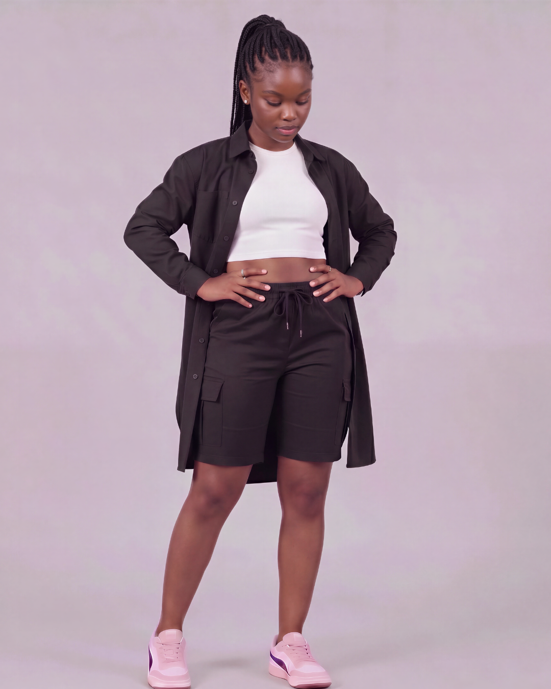 Girls' Tapered Cargo Shorts + Long-Line Overshirt Set