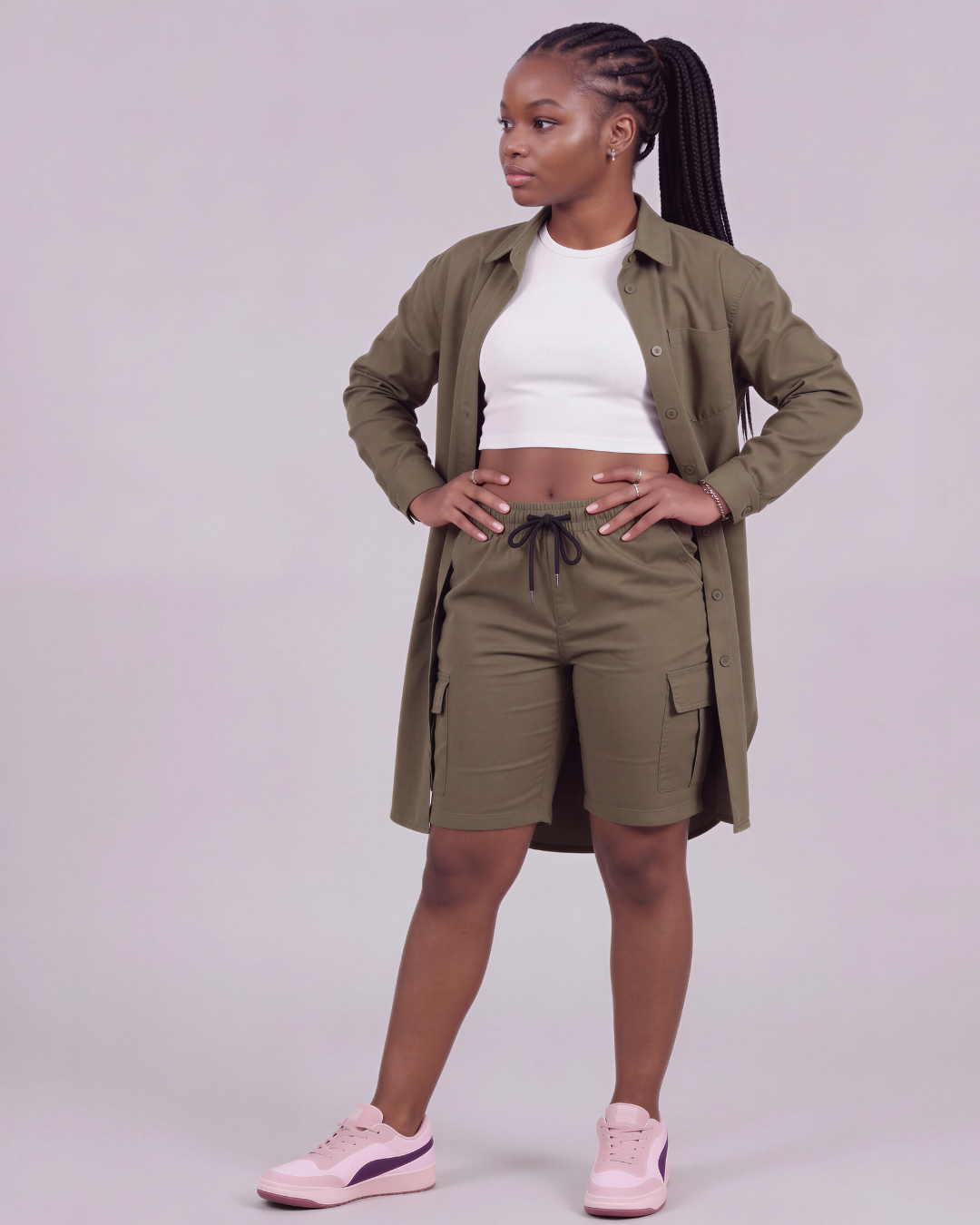 Girls' Tapered Cargo Shorts + Long-Line Overshirt Set