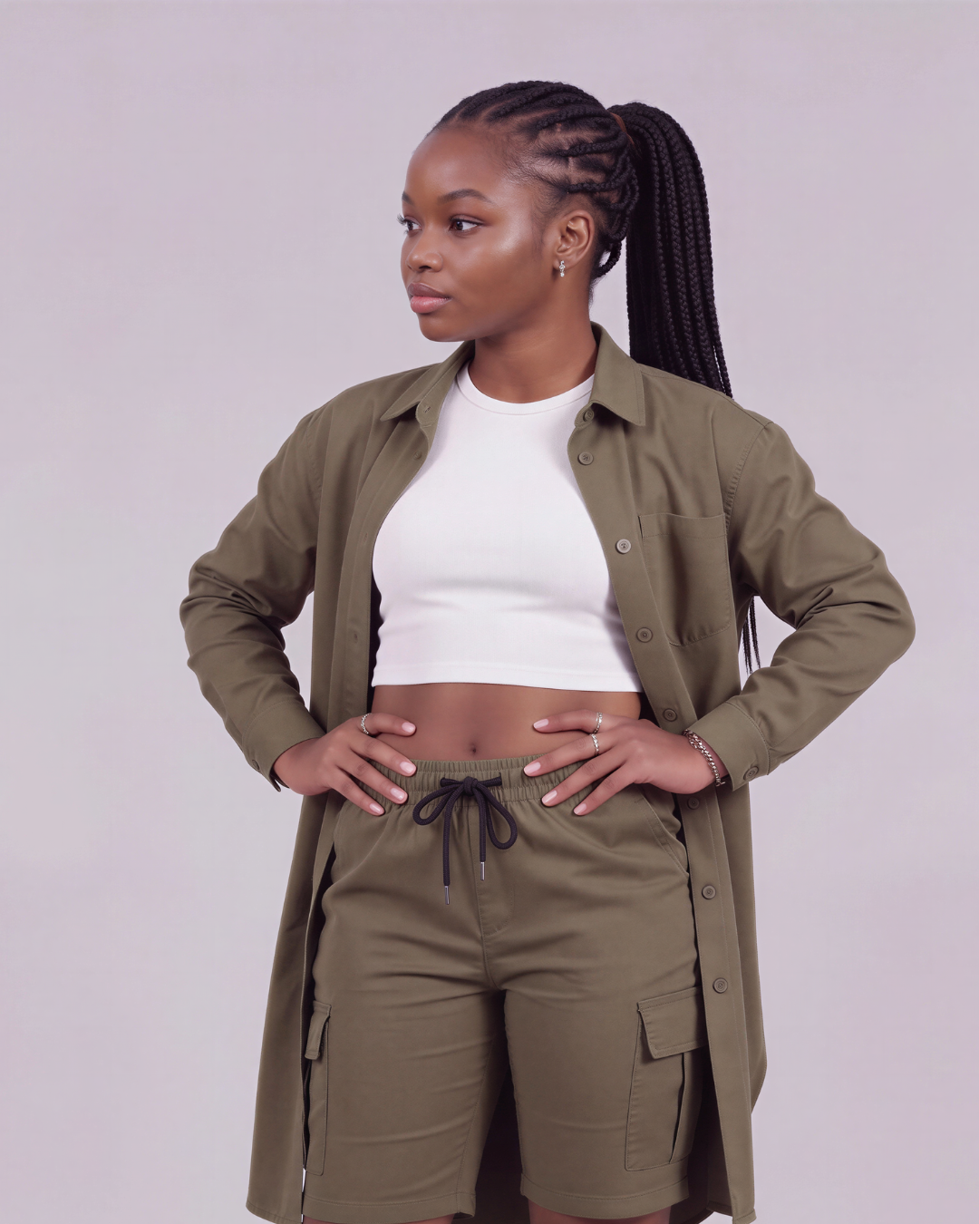 Girls' Tapered Cargo Shorts + Long-Line Overshirt Set