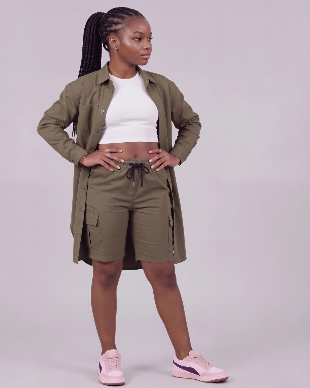 Girls' Tapered Cargo Shorts + Long-Line Overshirt Set