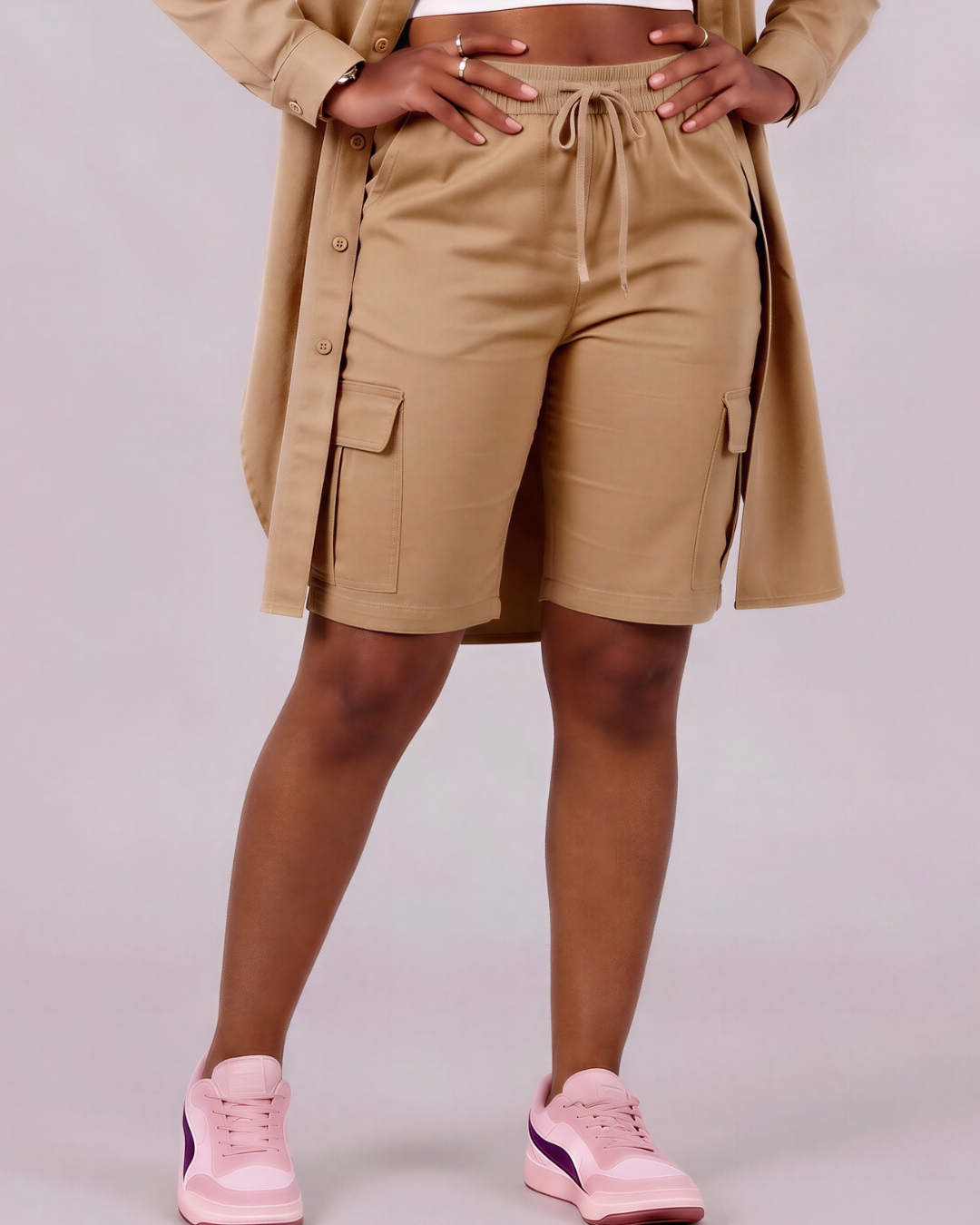Girls' Tapered Cargo Shorts + Long-Line Overshirt Set