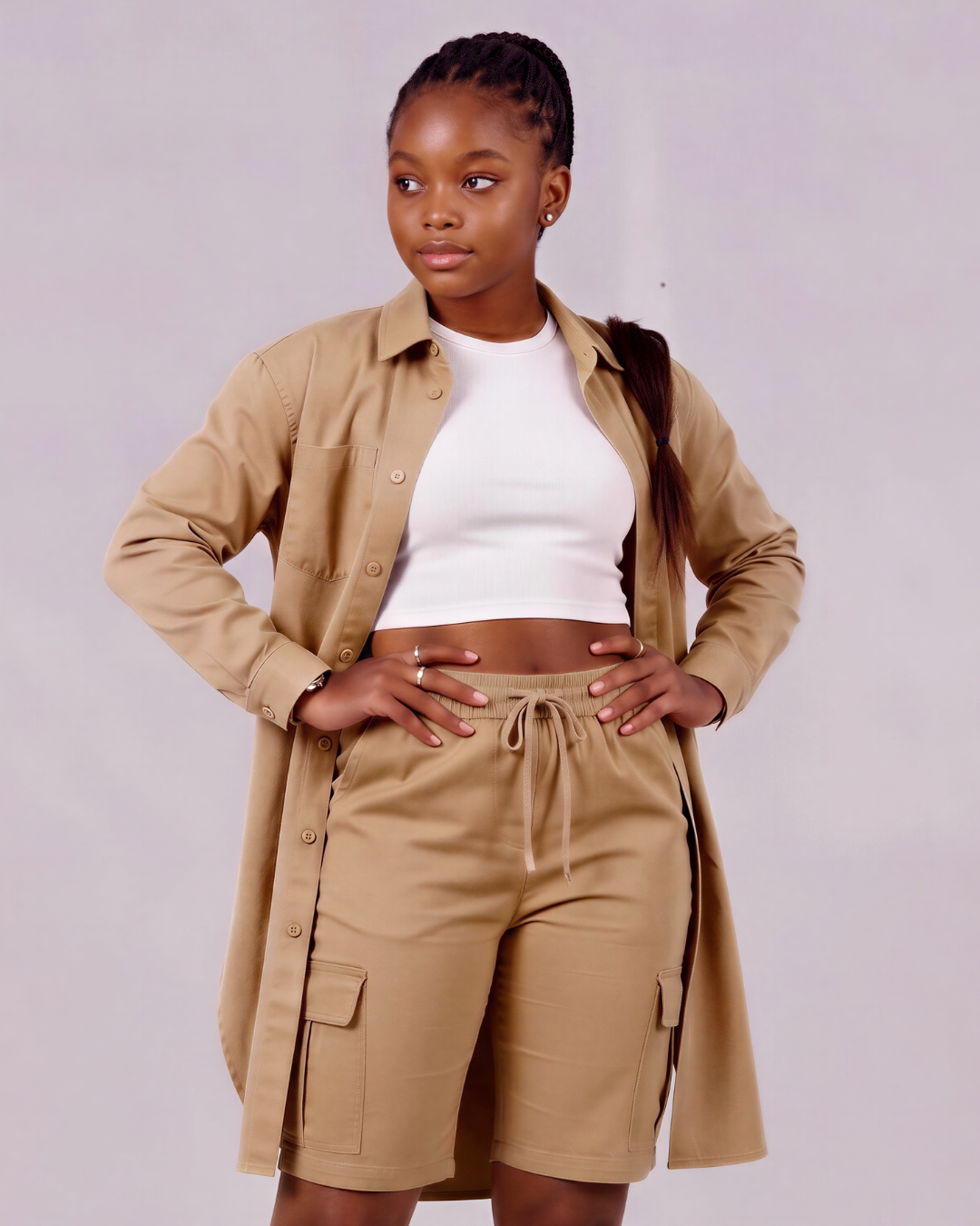 Girls' Tapered Cargo Shorts + Long-Line Overshirt Set