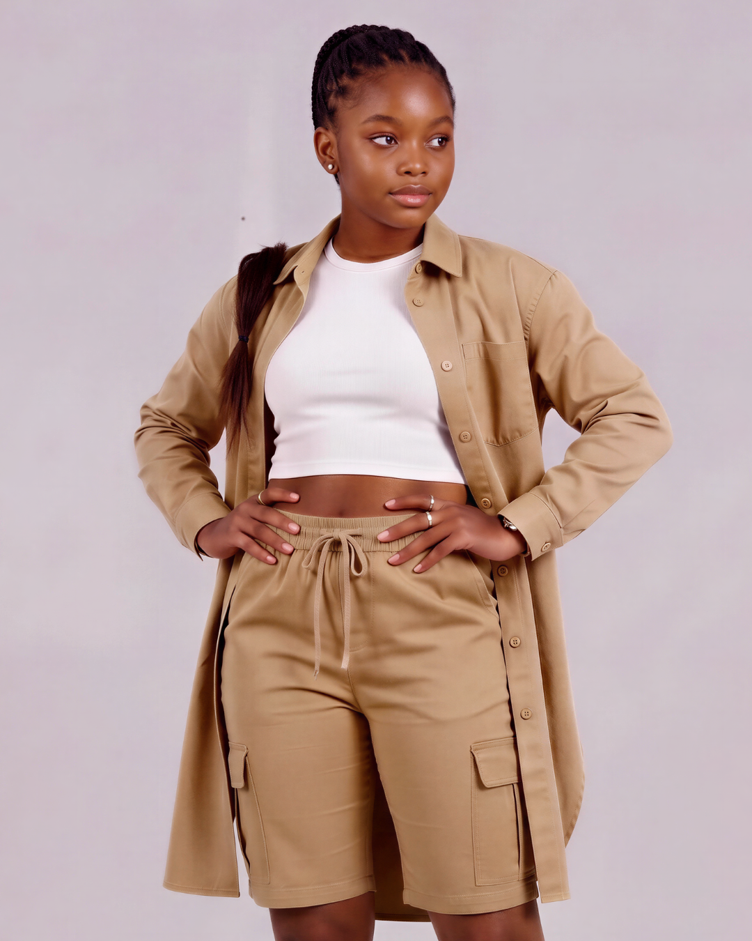 Girls' Tapered Cargo Shorts + Long-Line Overshirt Set