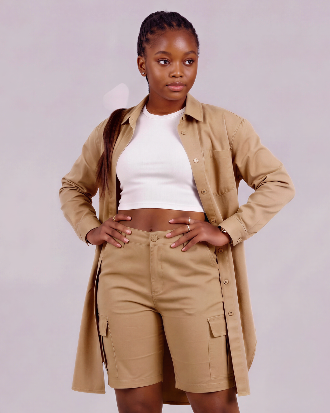 Girls' Tapered Cargo Shorts + Long-Line Overshirt Set