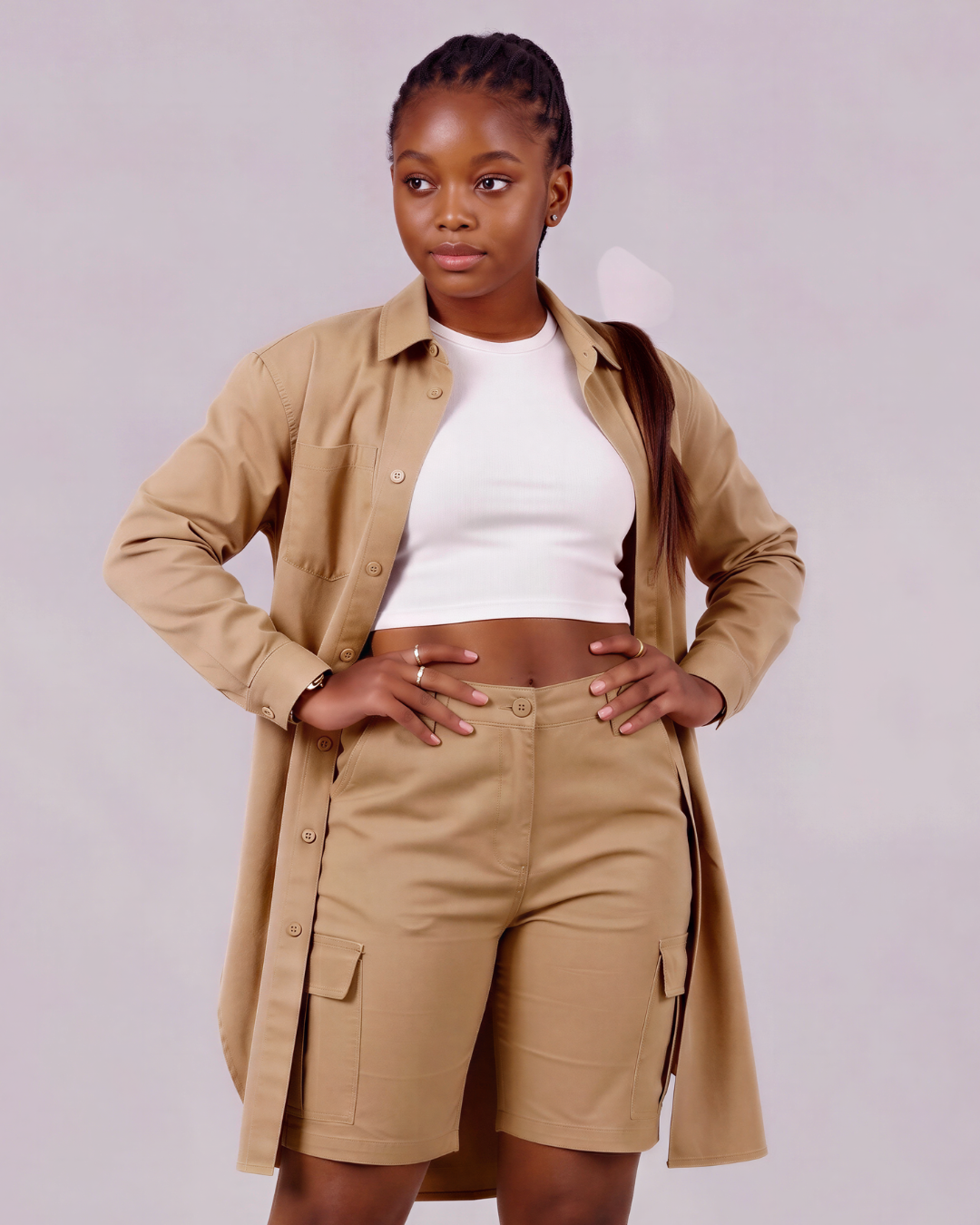 Girls' Tapered Cargo Shorts + Long-Line Overshirt Set