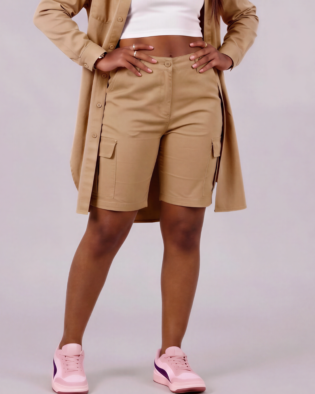 Girls' Tapered Cargo Shorts + Long-Line Overshirt Set