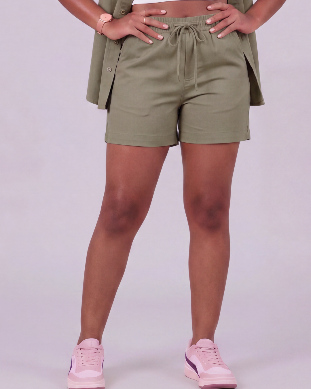 Girls' Drawstring Chino Shorts + Short-Sleeve Overshirt Set