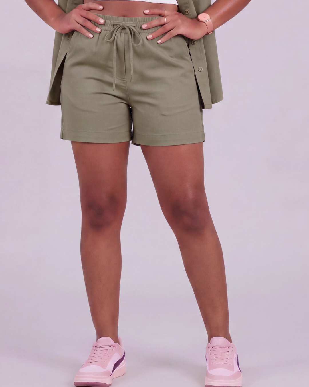 Girls' Drawstring Chino Shorts + Short-Sleeve Overshirt Set