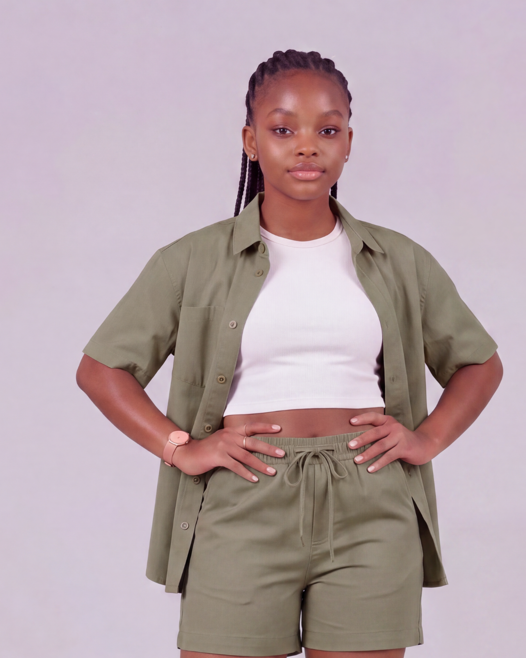 Girls' Drawstring Chino Shorts + Short-Sleeve Overshirt Set