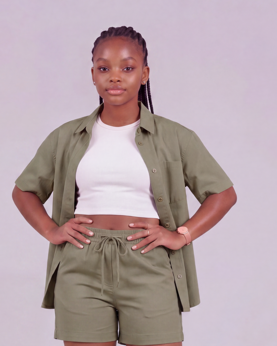 Girls' Drawstring Chino Shorts + Short-Sleeve Overshirt Set