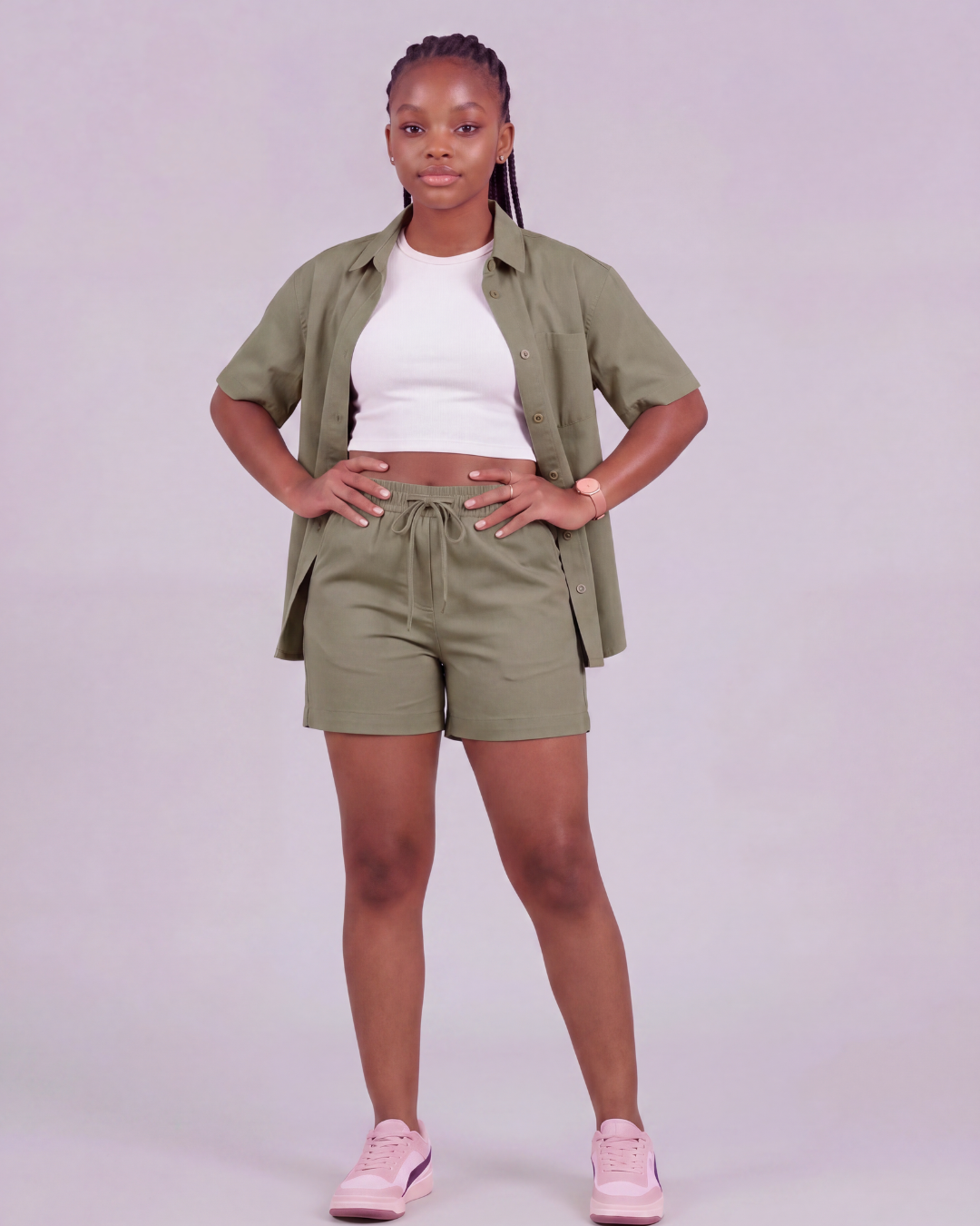 Girls' Drawstring Chino Shorts + Short-Sleeve Overshirt Set