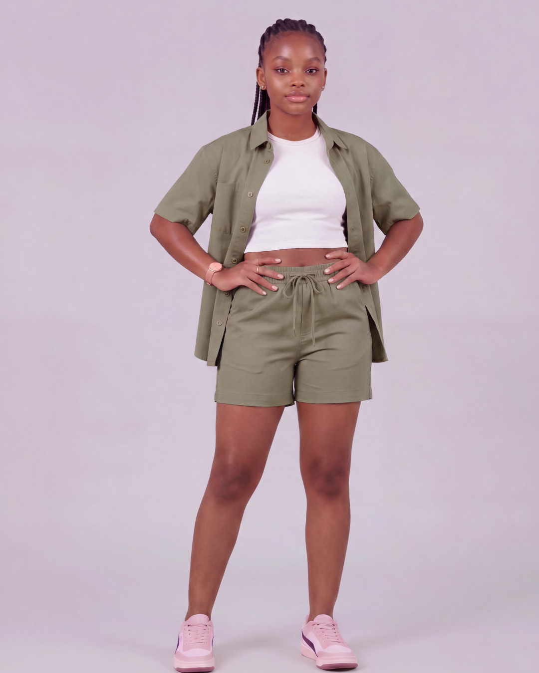 Girls' Drawstring Chino Shorts + Short-Sleeve Overshirt Set