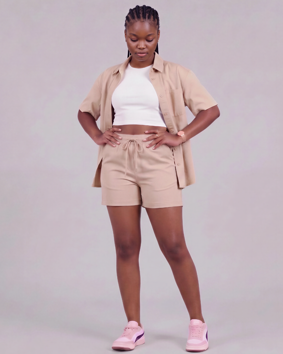 Girls' Drawstring Chino Shorts + Short-Sleeve Overshirt Set