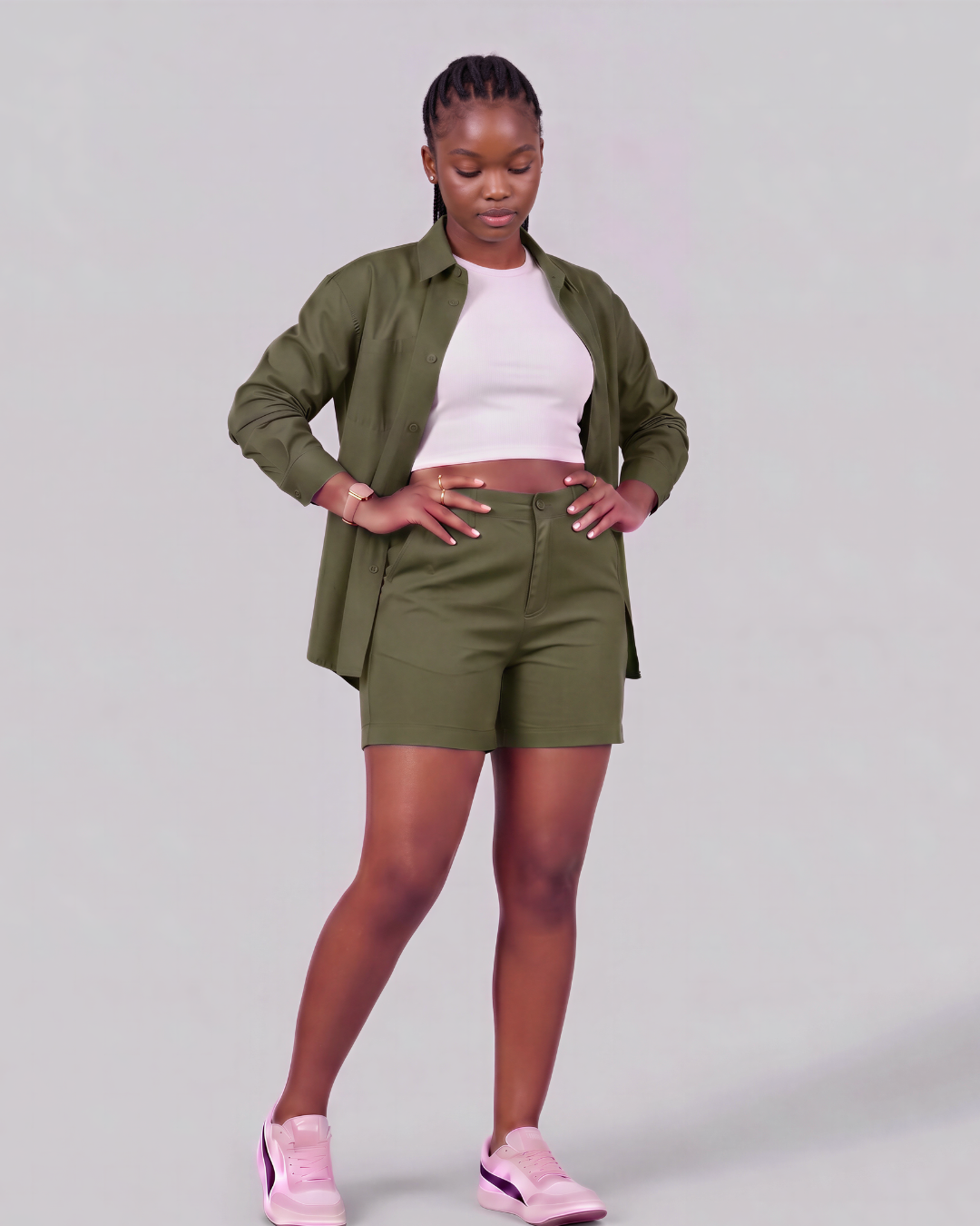 Girls' Classic Chino Shorts + Classic Long-Sleeve Overshirt Set