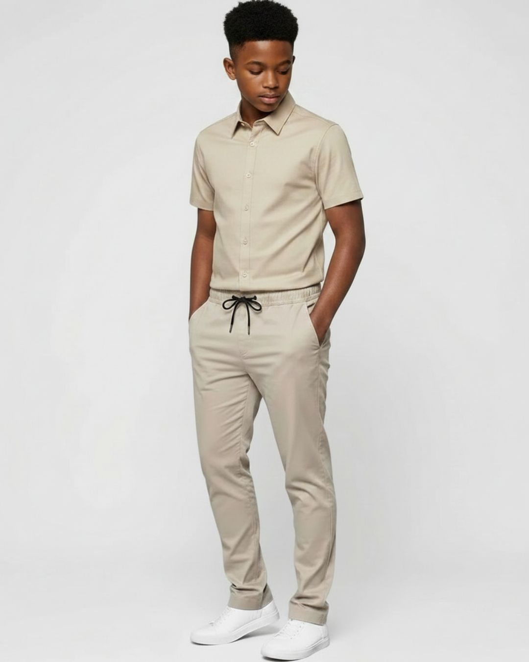 Boys' Drawstring Chino Pants + Short-Sleeve Overshirt Set