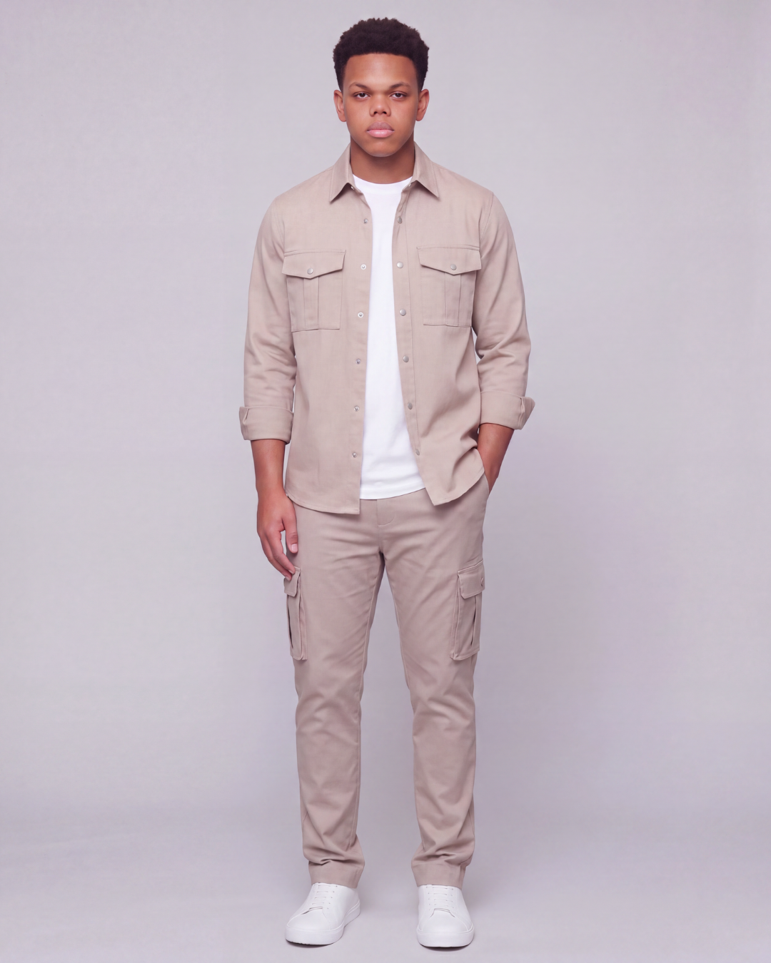 Boys' Relaxed Cargo Pants + Snap-Button Overshirt Set
