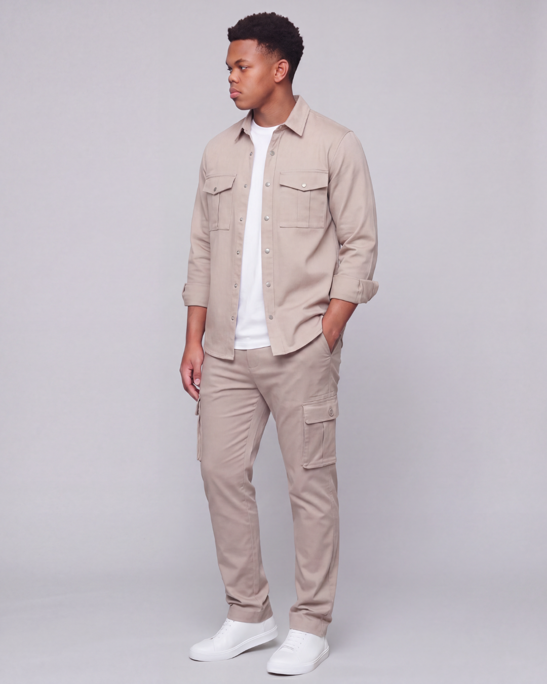 Boys' Relaxed Cargo Pants + Snap-Button Overshirt Set