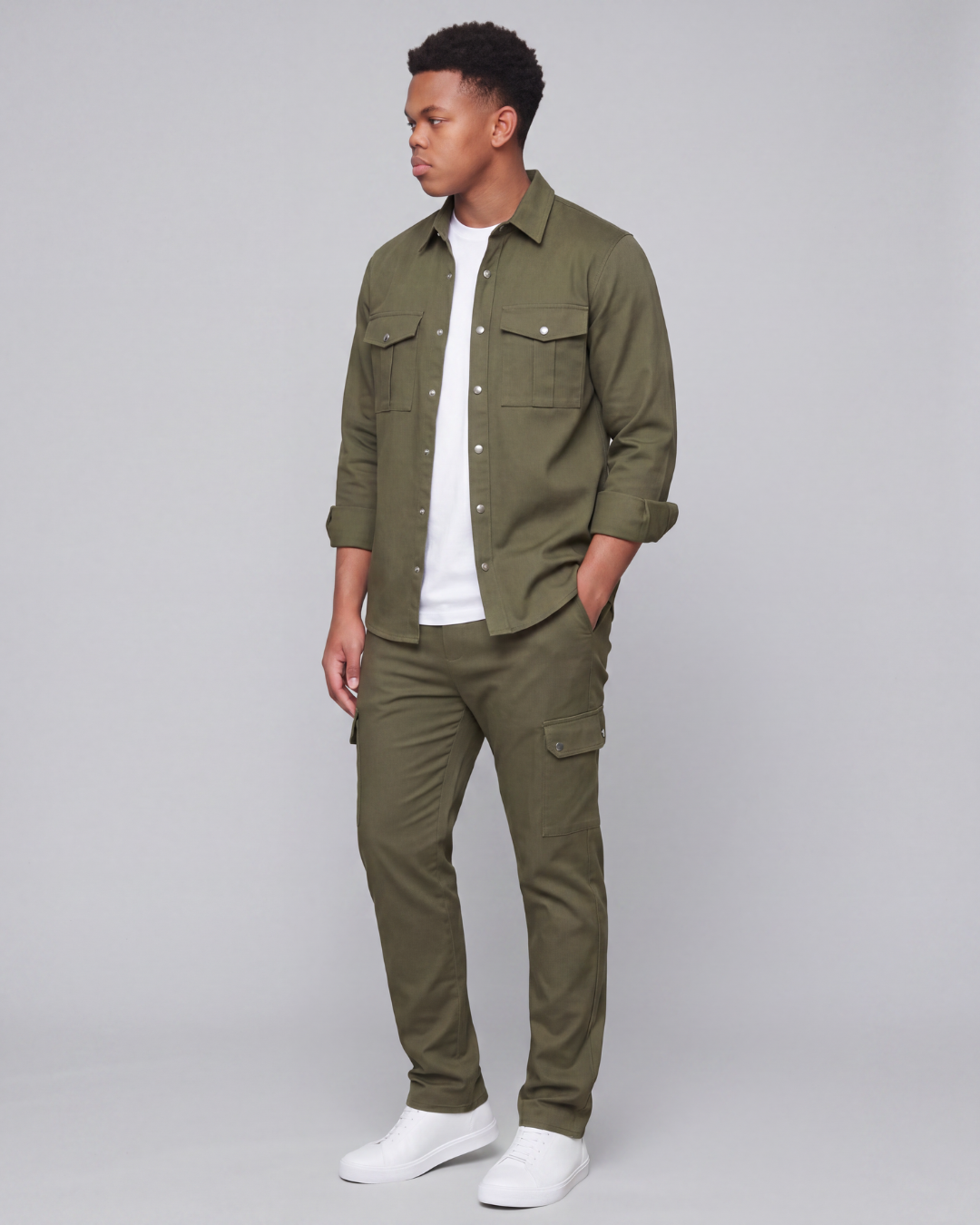 Boys' Relaxed Cargo Pants + Snap-Button Overshirt Set