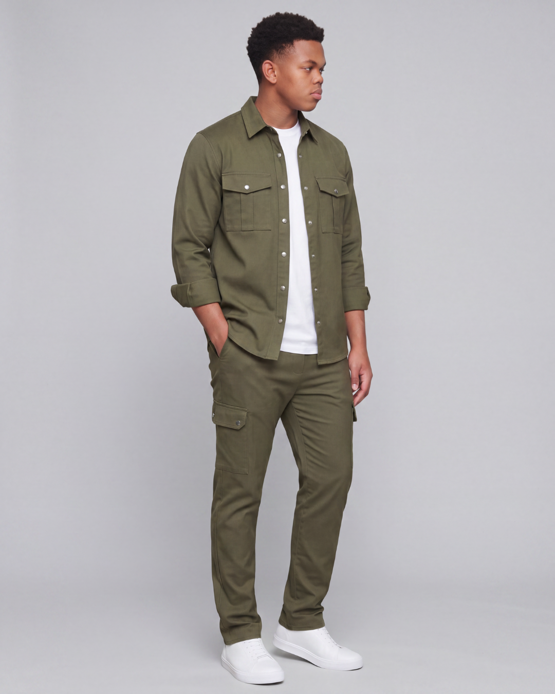Boys' Relaxed Cargo Pants + Snap-Button Overshirt Set