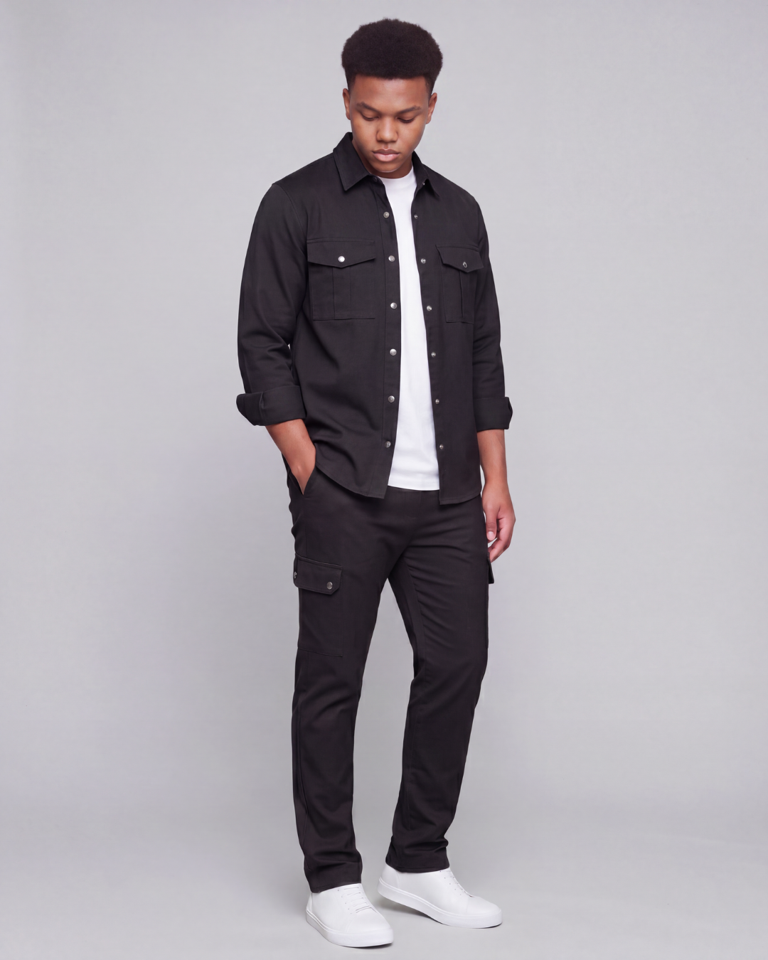 Boys' Relaxed Cargo Pants + Snap-Button Overshirt Set