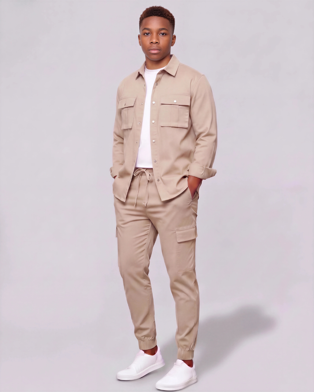 Boys' Cotton Twill Cargo Pants — Tapered Fit + Long-Line Overshirt Set
