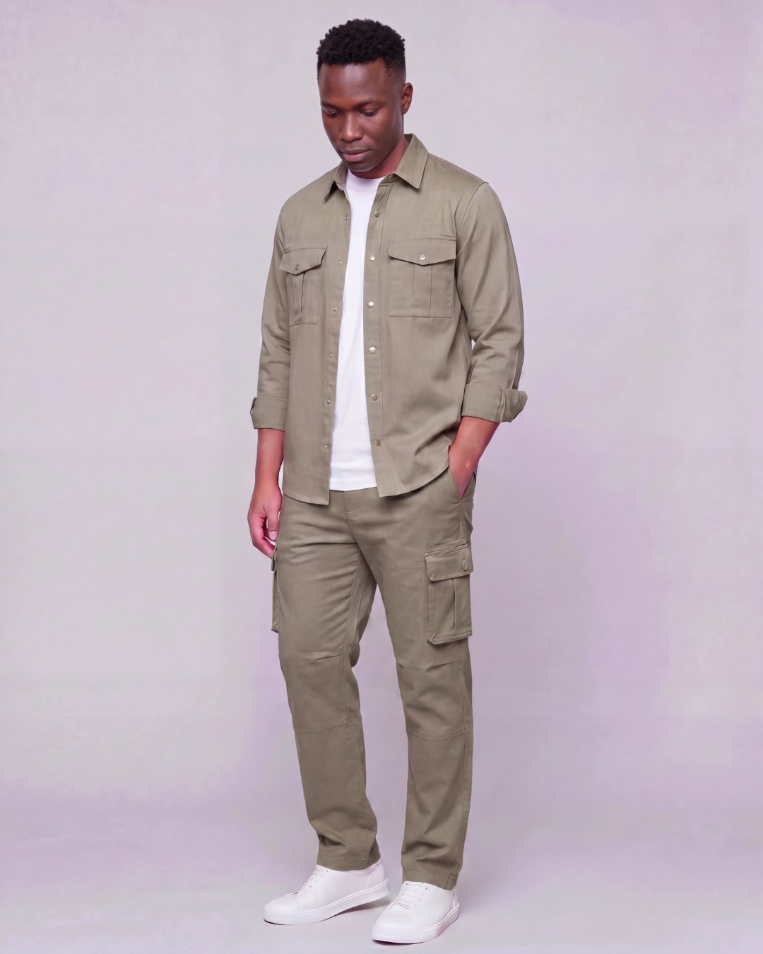 Men's Relaxed Cargo Pants + Snap-Button Overshirt Set