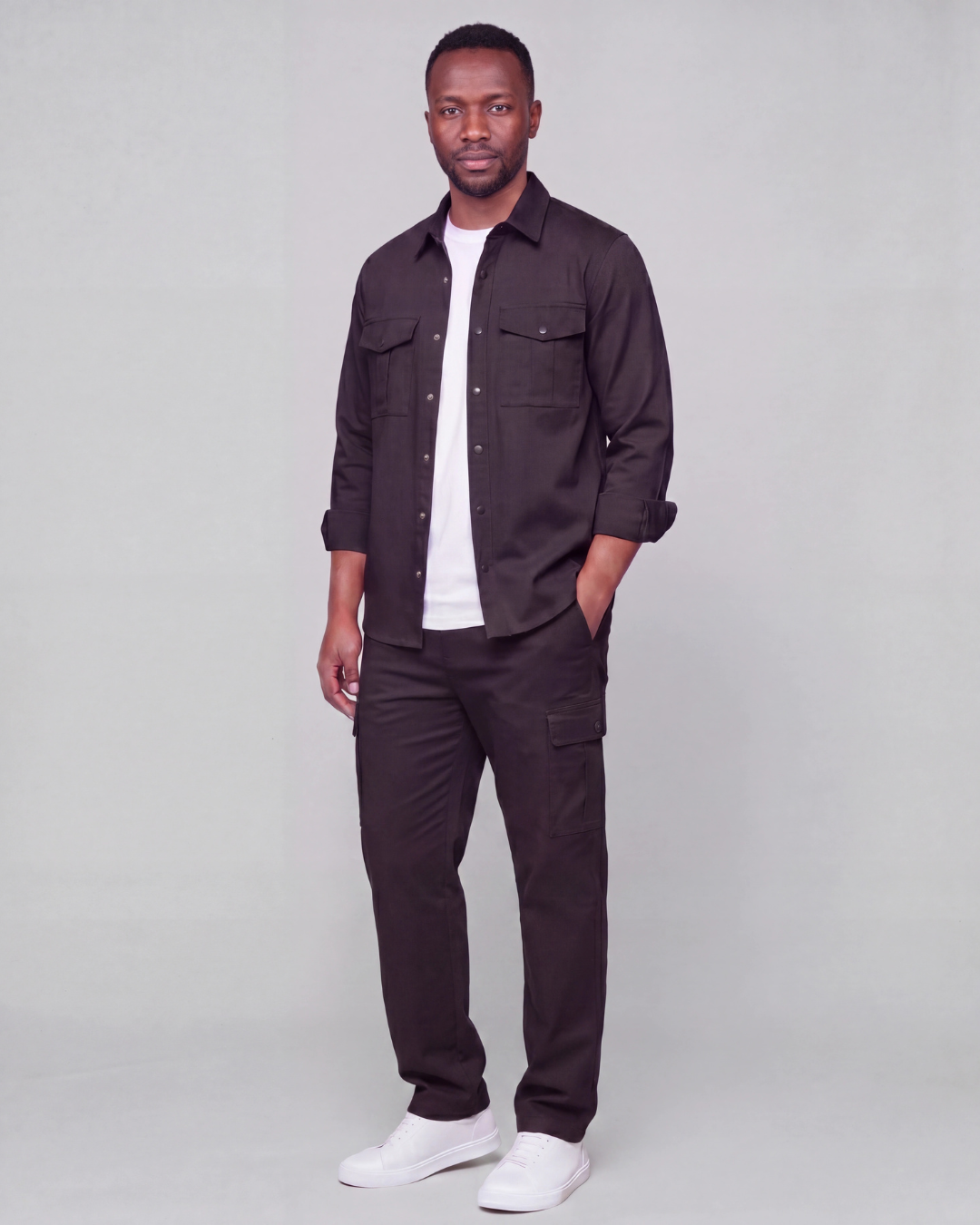 Men's Relaxed Cargo Pants + Snap-Button Overshirt Set