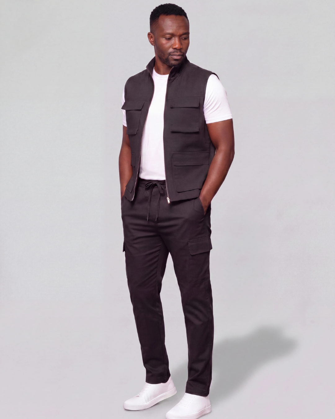 Men's Cotton Twill Cargo Tapered Pants + Twill Vest Set