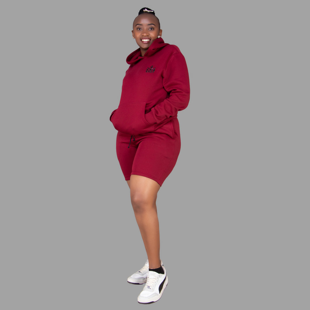 Women's Maroon Hoodie-Short Set