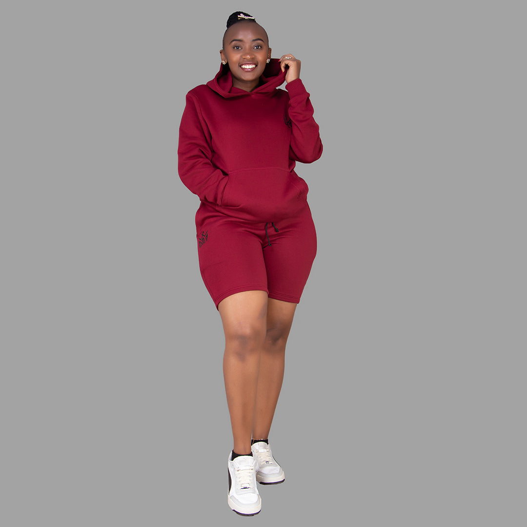 Women's Maroon Hoodie-Short Set