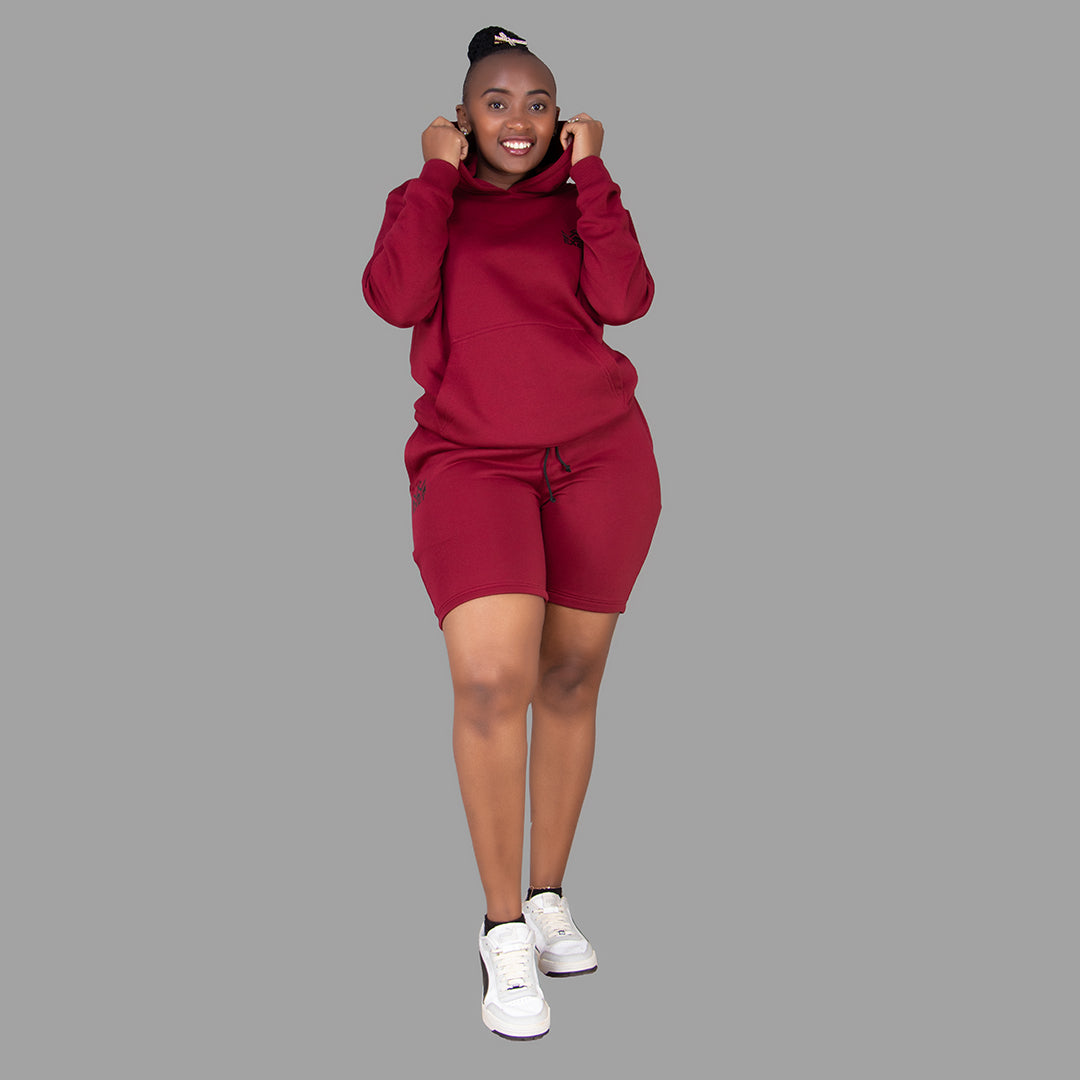 Women's Maroon Hoodie-Short Set