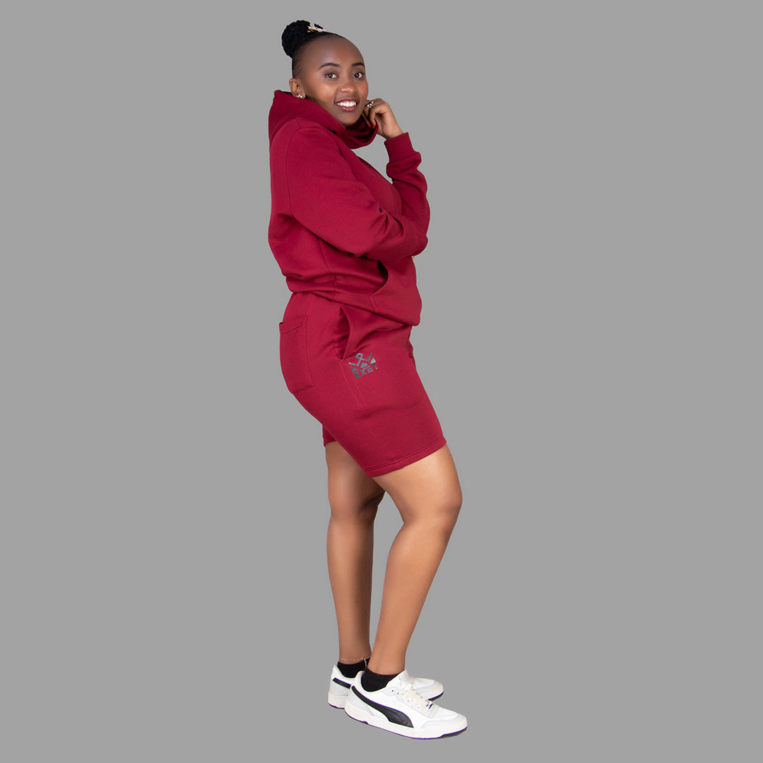 Women's Maroon Hoodie-Short Set