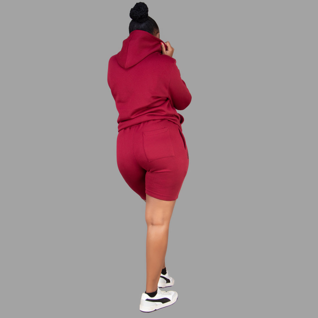 Women's Maroon Hoodie-Short Set