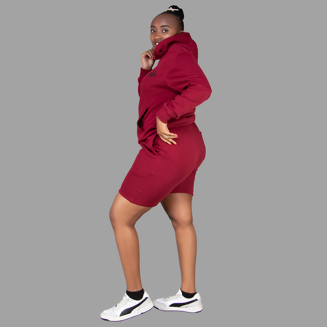 Women's Maroon Hoodie-Short Set