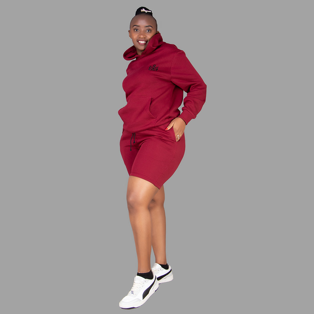 Women's Maroon Hoodie-Short Set