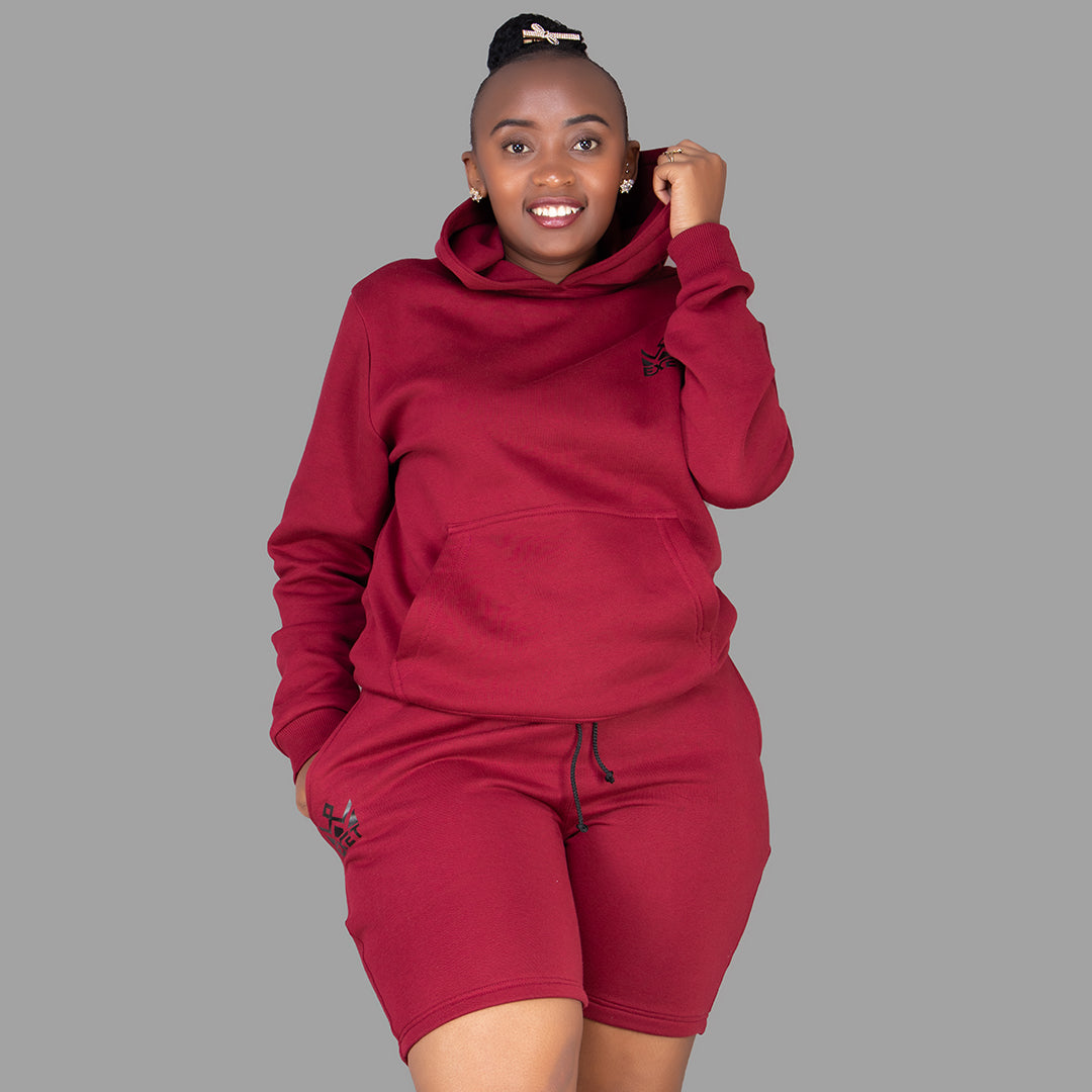 Women's Maroon Hoodie-Short Set